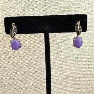925 Silver Pierced Earrings Lavender Oval Stone and Marcasites Dainty Classic